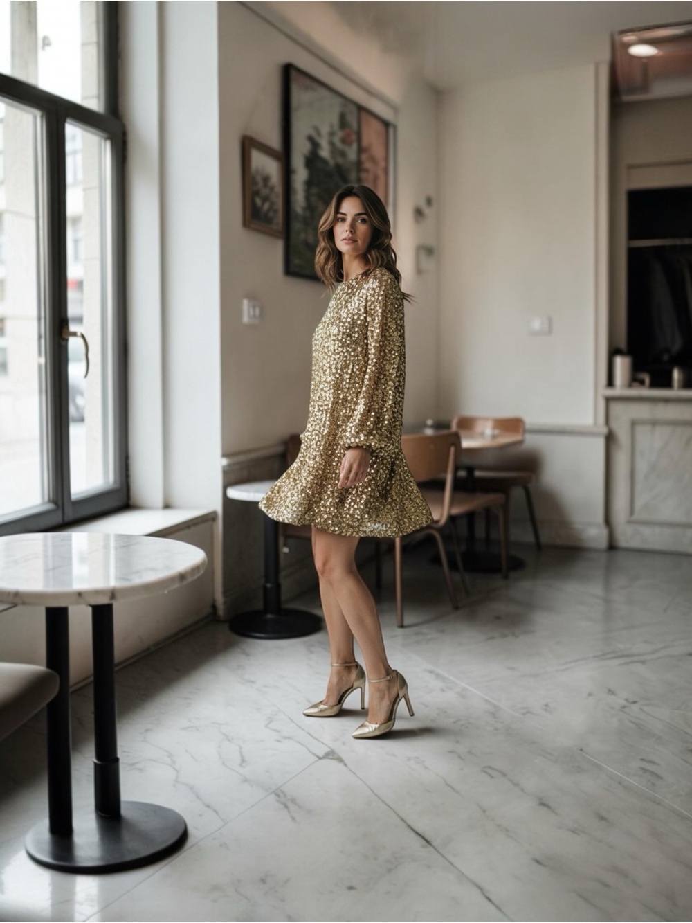 Zara Gold Sequin Long-Sleeve Mini Dress, Size M
